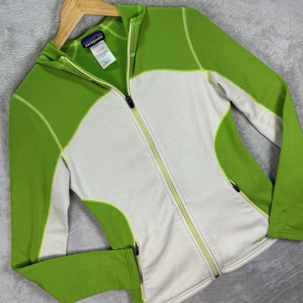 Patagonia Women's Green White Full Zip Fleece Hoodie Polartec Thumbholes Sz XS